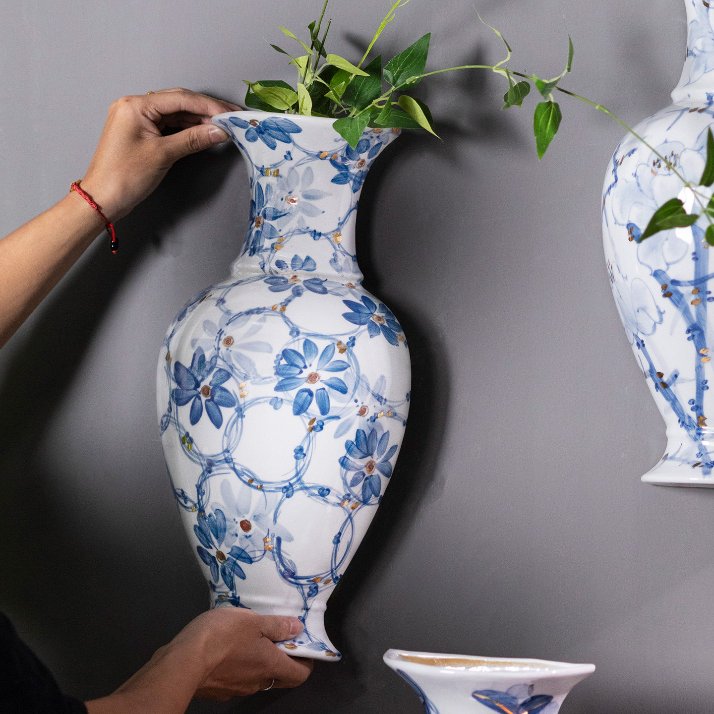 景德镇纯手绘掐金丝轻奢陶瓷壁挂花瓶可水培鲜花绿植陶瓷花瓶挂饰
