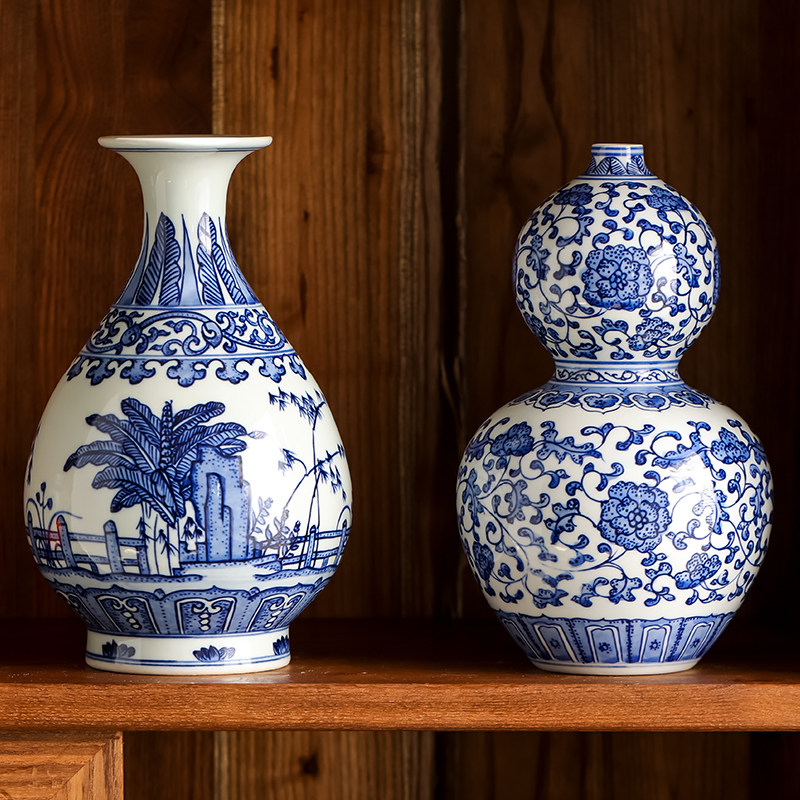 景德镇仿古手绘青花瓷重工绘制陶瓷花瓶摆件中式客厅插花装饰花器