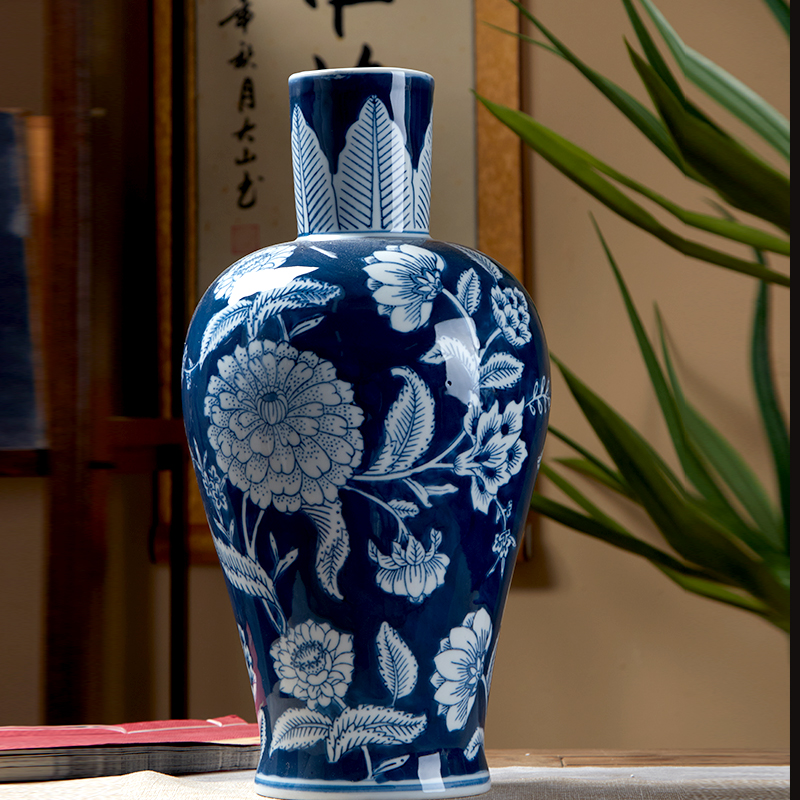 新品青花复古陶瓷花瓶客厅插花高级感创意摆件 青花长颈瓶 大肚瓶