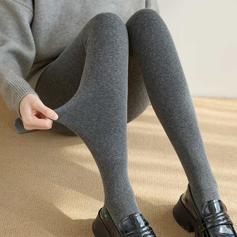 格雷系灰色显瘦加绒竖条纹打底裤