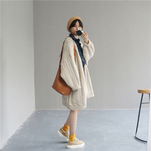 宽松慵懒厚款针织麻花毛衣泡泡袖开衫外套秋冬韩版无扣中长款外套