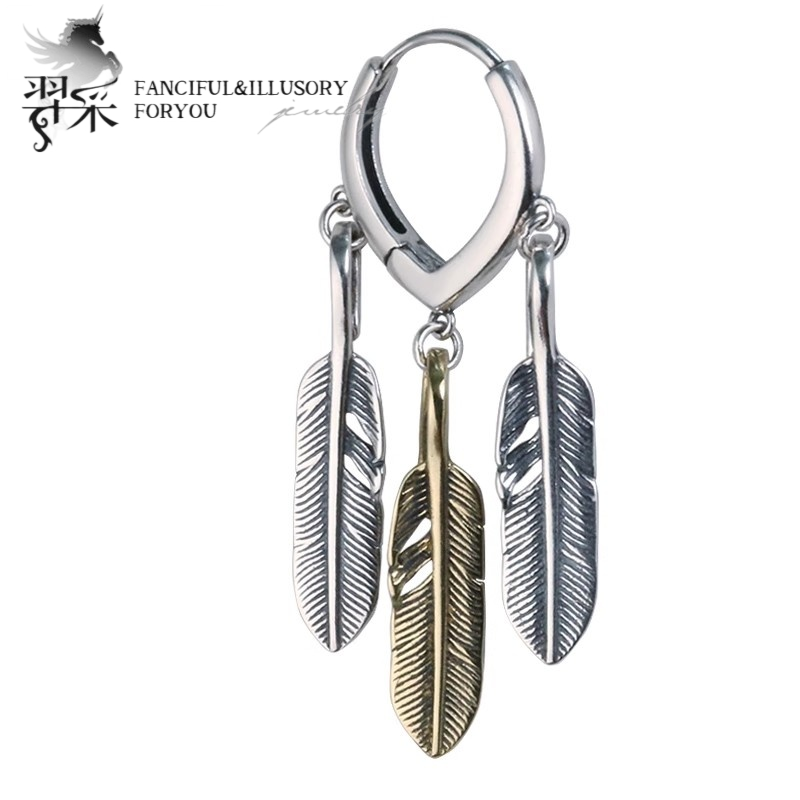 羿采男士925纯银耳钉日韩潮人印第安飞鸟羽毛银饰男女个性耳环ins