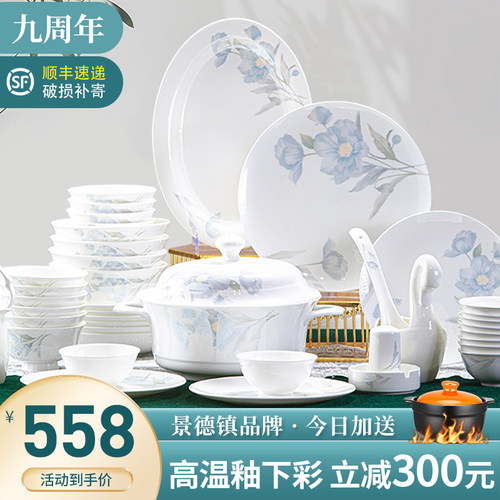 釉下彩碗家用2025新款景德镇陶瓷餐具高颜值碗碟套装家用乔迁新居