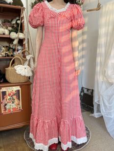 vintage 美產(chǎn)70s 古董裙泡泡袖 紅色格子公主裙 古著禮服連衣裙
