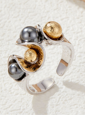 时尚创意波浪形开口戒指小众独特深灰玻璃珠食指戒新款可调节指环