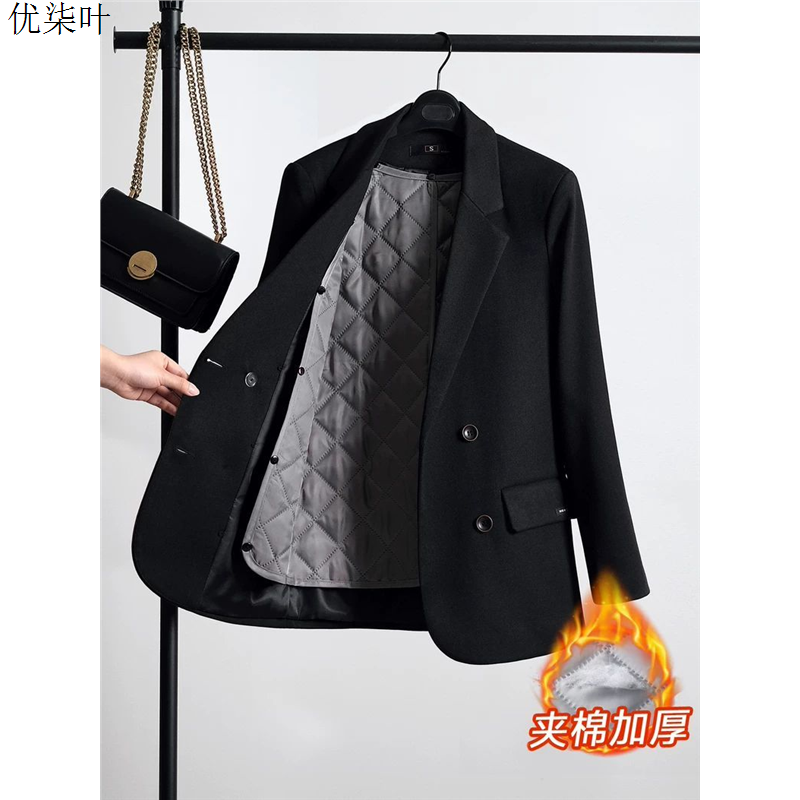 黑色加厚毛呢夹棉外套女秋冬韩系今年流行款加棉西装呢子大衣上衣