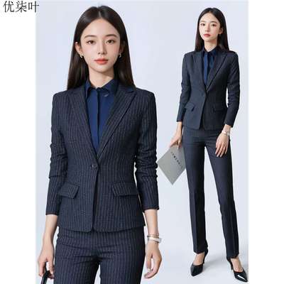 条纹西装外套女秋季新款银行经理高端职场正装工作服职业西服套装