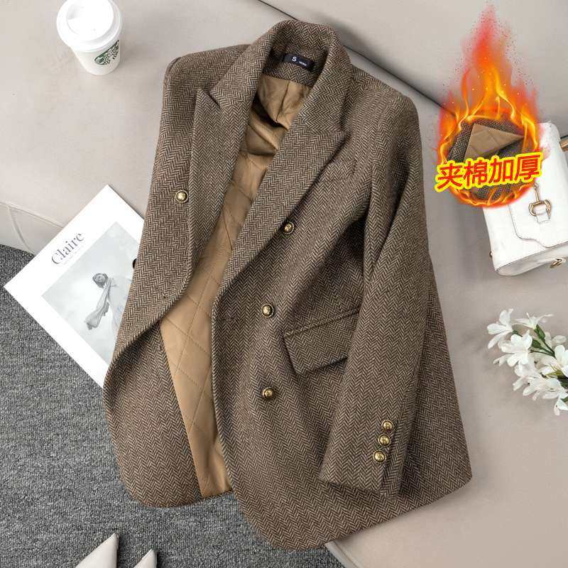 毛呢羊毛小西装外套女高级感2025新款秋冬小个子西服冬季加厚夹棉