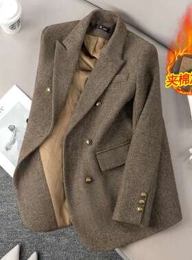 毛呢羊毛小西装外套女高级感2025新款秋冬小个子西服冬季加厚夹棉