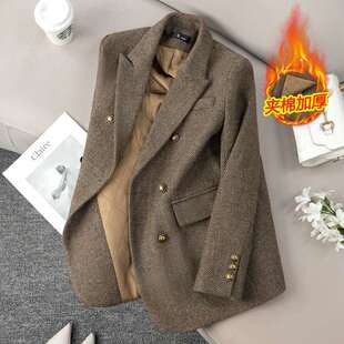 毛呢羊毛小西装外套女高级感2025新款秋冬小个子西服冬季加厚夹棉