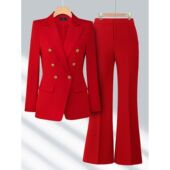 西服播音职业装 红色西装 工作服 年会主持人正装 喇叭裤 套装 女秋冬款