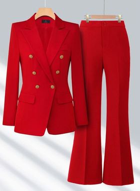 红色西装套装女秋冬款年会主持人正装喇叭裤西服播音职业装工作服
