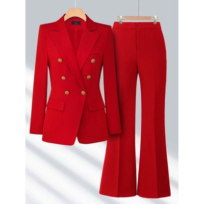 红色西装套装女秋冬款年会主持人正装喇叭裤西服播音职业装工作服