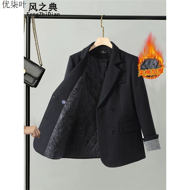 黑色毛呢西装外套女加厚夹棉2025新款秋冬高级感宽松休闲西服上衣