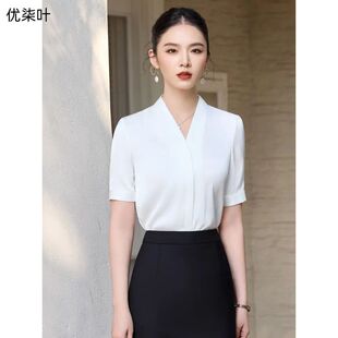 高级感职业气质西装 短袖 2026新款 女夏季 内搭通勤衬衣 V领雪纺衬衫