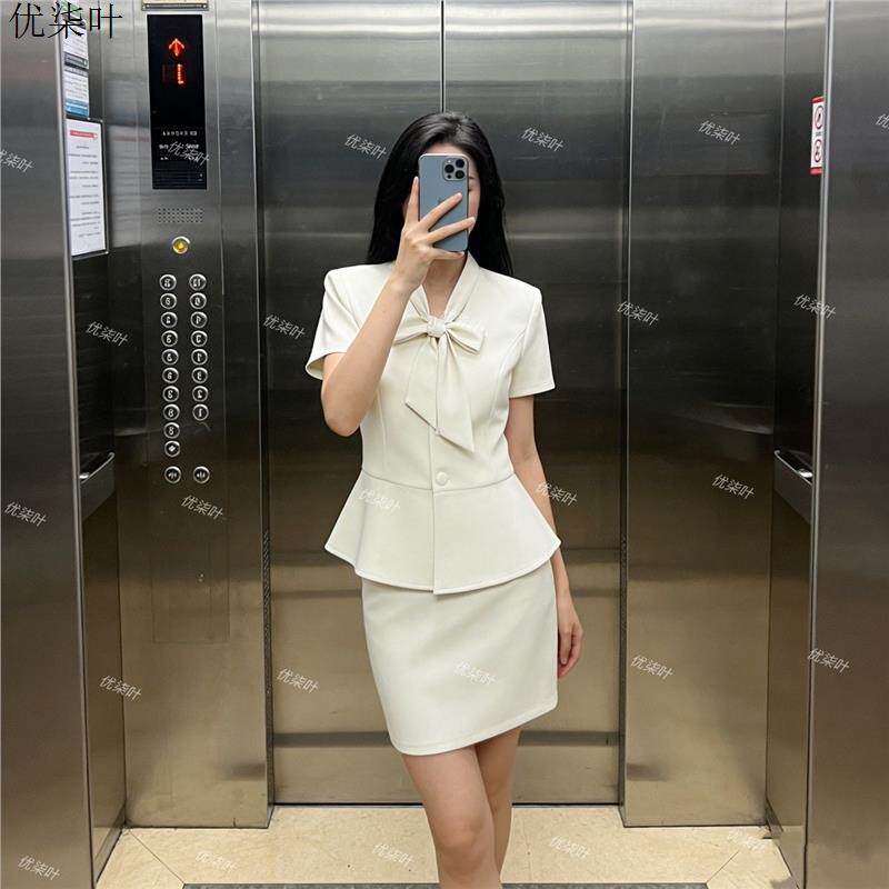 米白色短袖西装套裙职业通勤美容师酒店前台正装西服工作服