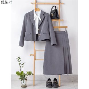 灰色学院风小西装套装裙女职业小个子通勤气质短款西服裙子两件套