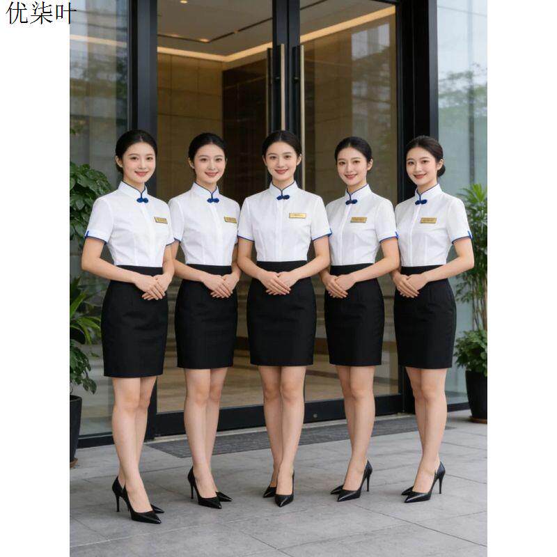 酒店工作制服白色立领短袖衬衫裙子套装女气质餐饮店服务员职业装