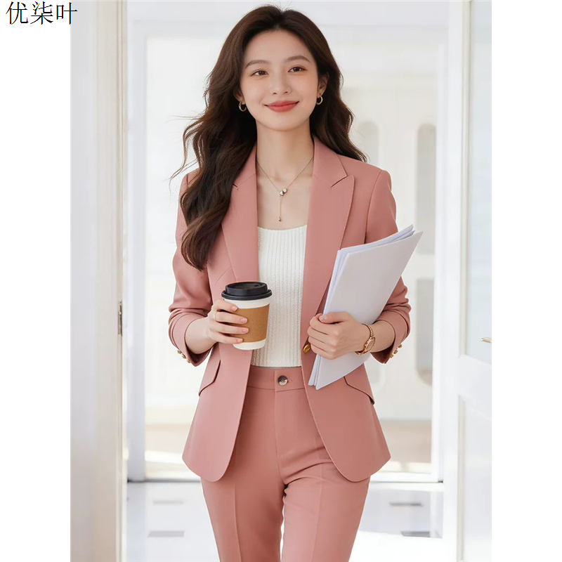 粉色西装套装女春秋新款播音主持人职业装女神范气质正装西服套装