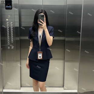 蓝色短袖西装套装薄款美容院店长工作服酒店前台职业装套裙