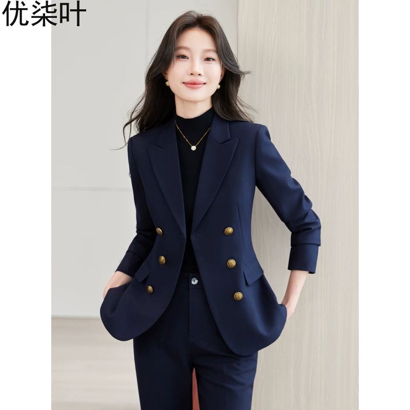 深蓝色双排扣西装套装女春秋长袖职业装商务风高级感显瘦气质西服