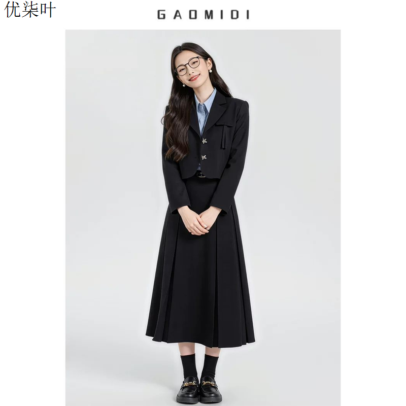 高端黑色短款小西装套装女春秋小个子职业装学院风西服裙子两件套