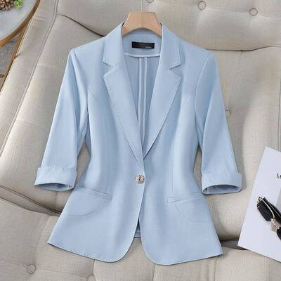 浅蓝色七分袖小西装外套女2025春夏季新款薄款显瘦小个子女士西服