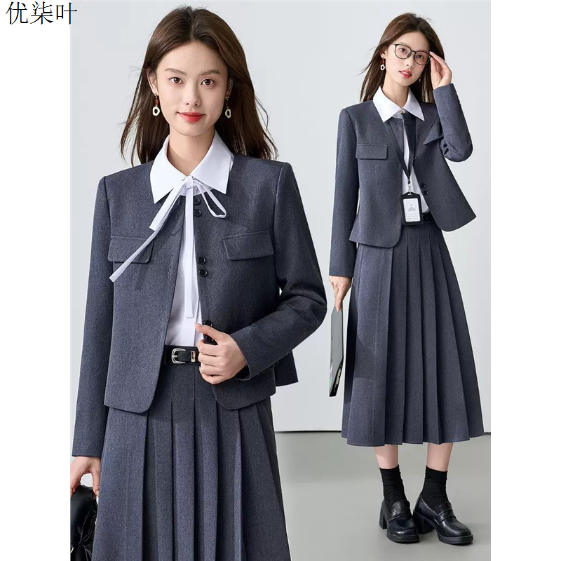 灰色西装套装女士春秋大学生面试职业正装小个子短款休闲西服外套