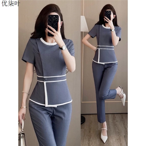 灰色西装套装女夏季短袖职业装气质高端美容院美容师养生馆工作服