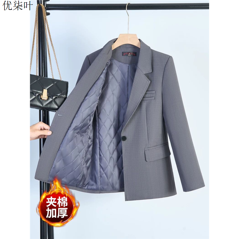 灰色西装外套女冬季加厚夹棉2025新款小个子通勤正装职业西服套装