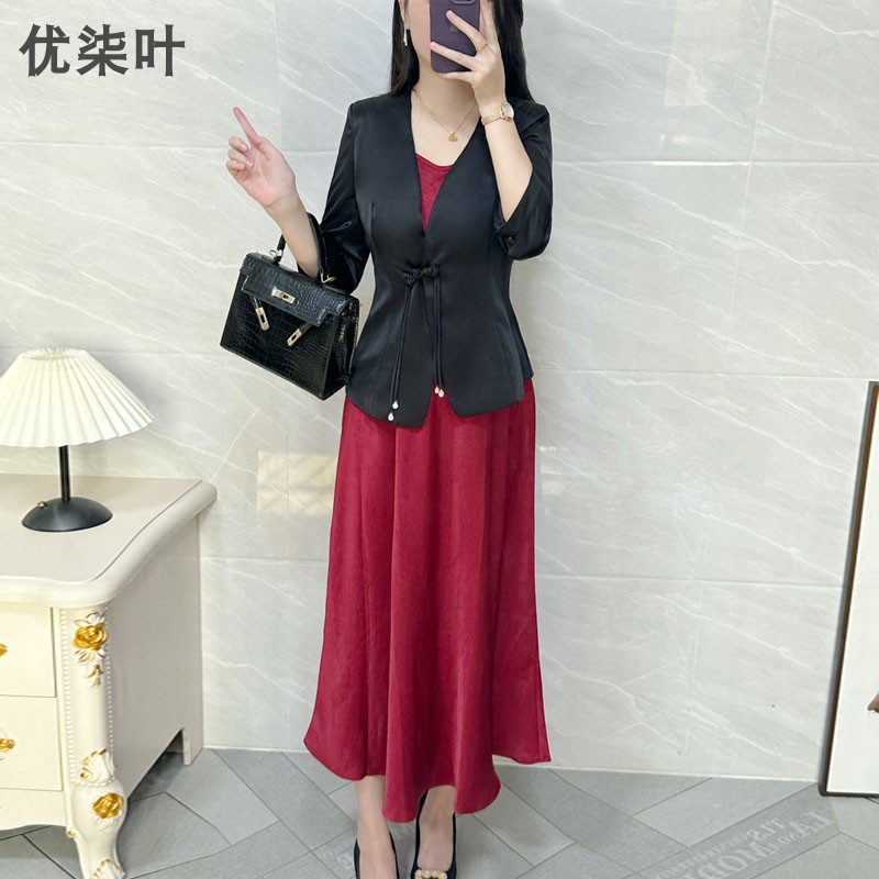 黑色时尚套装女盘扣西装外套2025夏季新款气质新中式国风西服套裙