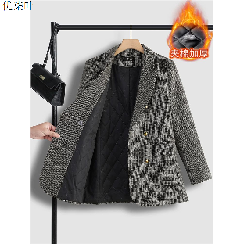 灰色毛呢西装外套女秋冬季2025新款高级感小个子复古夹棉羊毛西服