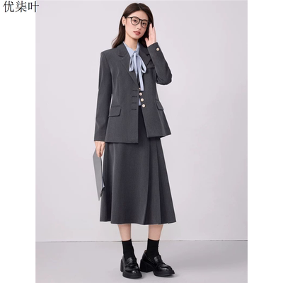 灰色西装套装女2025秋季新款大学生教师职场穿搭正装职业西服半裙