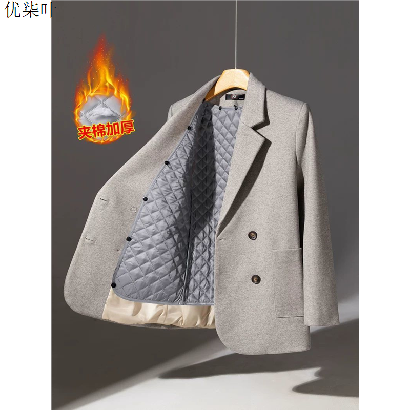 休闲灰色加厚西装外套女士秋冬职业装高级感气质毛呢加棉西服上衣