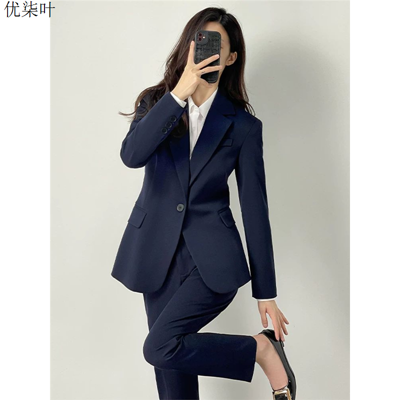 高级感西装套装女春秋正装大学生面试职业藏青色西服外套女工作服