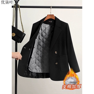 黑色加厚毛呢夹棉外套女士秋冬季休闲小个子加棉西装呢子大衣上衣