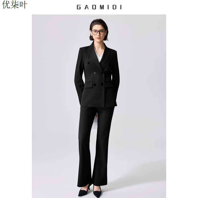 高级感黑色西装套装女职业通勤气质面试正装双排扣西服外套小个子