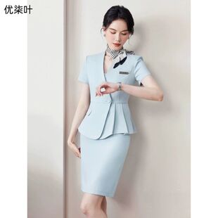 西装 美容院工作服高端酒店前台职业工装 套装 新款 薄 女夏季 蓝色短袖