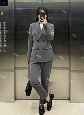 优柒叶灰色西装外套女春秋季职业面试正装工作服职场商务西服套装