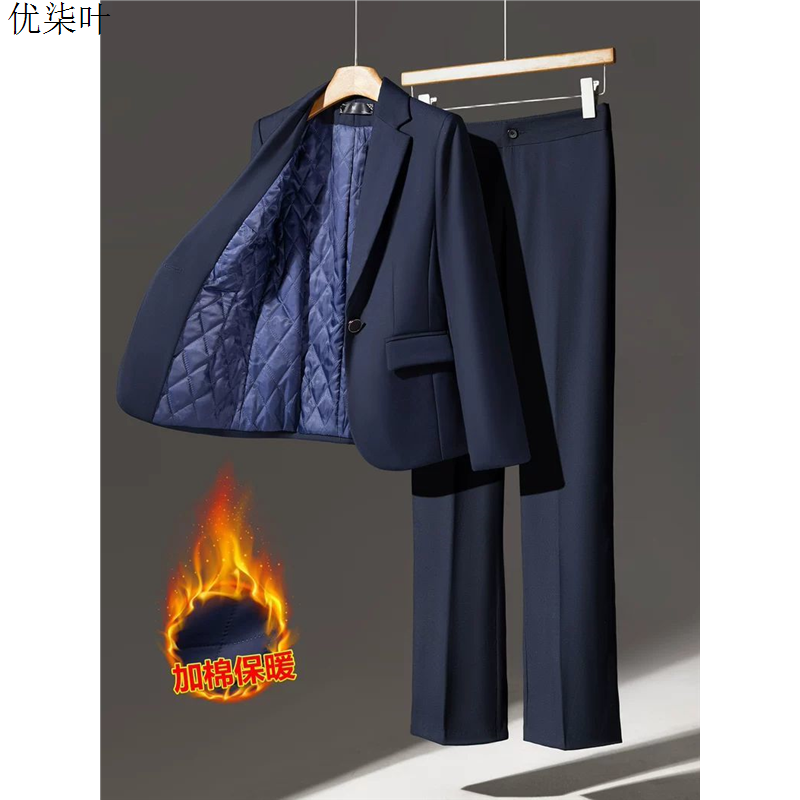 冬季西装套装女小个子高级感职业正装工作服夹棉加厚蓝色西服外套