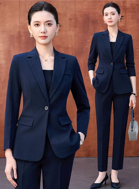 高级感职业西装套装女春秋事业编教资银行面试正装藏青色西服外套