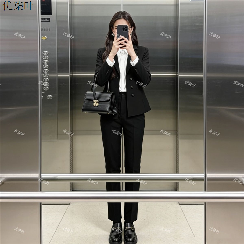 黑色西装套装女士小个子通勤大学生面试正装西服外套学院风