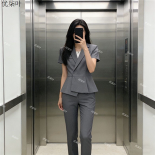 灰色短袖西装套装薄款美容院店长工作服高端酒店前台职业装