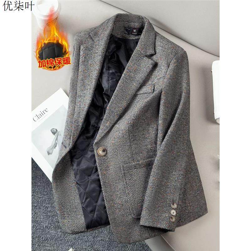 灰色羊毛西装外套女士加厚秋冬高级感气质加棉呢子短款修身小西服