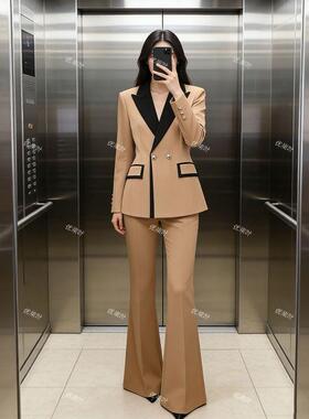 优柒叶卡其色西装外套女设计感小众拼接小西服漂亮时尚正装套装春