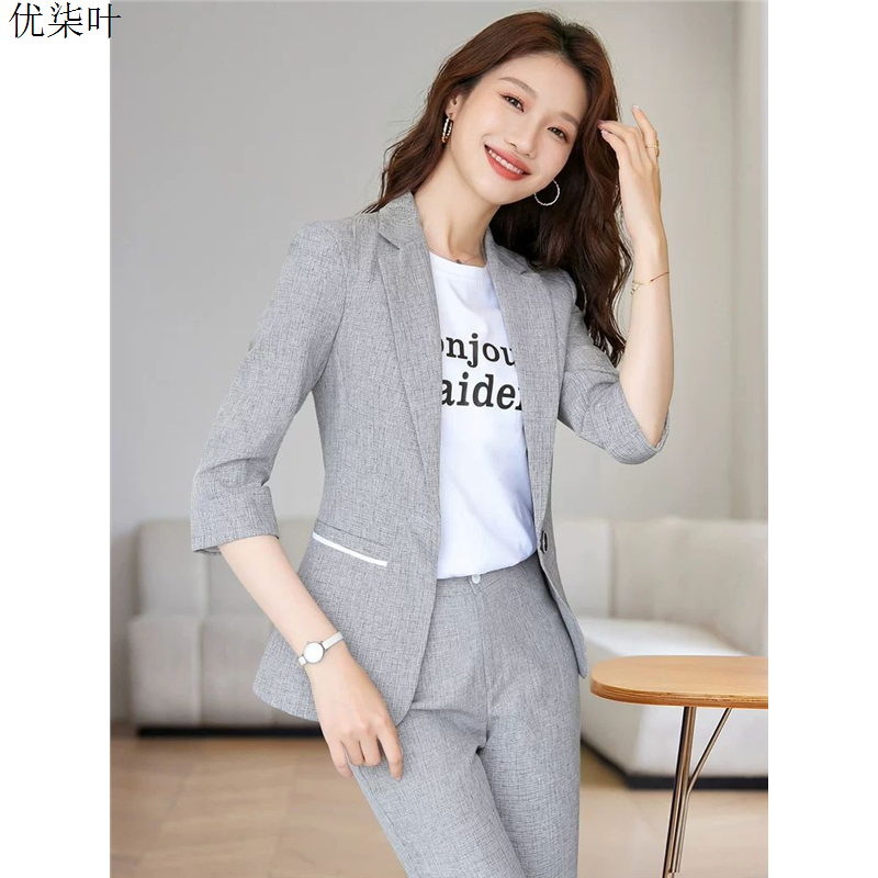 灰色西装外套女夏季2026新款高级感七分袖休闲上衣职业西服套装薄