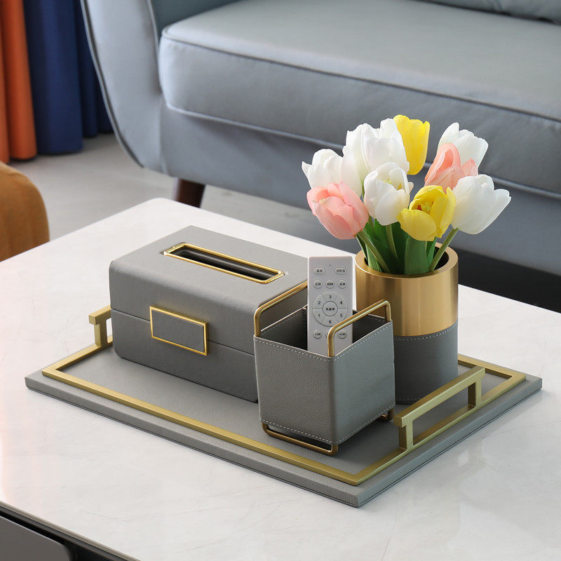 皮质纸巾盒软装搭配客厅高档轻奢抽纸盒家居样板间装饰品摆件套装