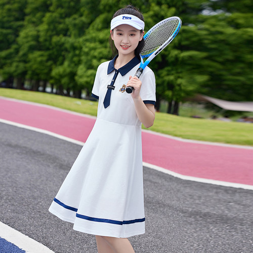 休闲风连衣裙POLO领宽松领带绣花