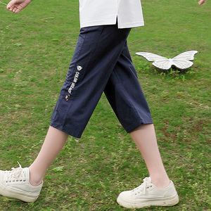 学生运动裤少女七分裤松紧裤腰2023新款宽松卫裤休闲初中生青少年