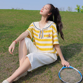 夏季 女13岁中学生运动装 宽松两件套高中生 条纹T恤套装 初中生夏装